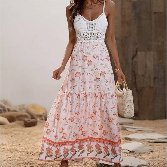 Rosie Bohemian Crochet Top Backless Floral Print Summer Maxi Sundress - Picture 1 of 12